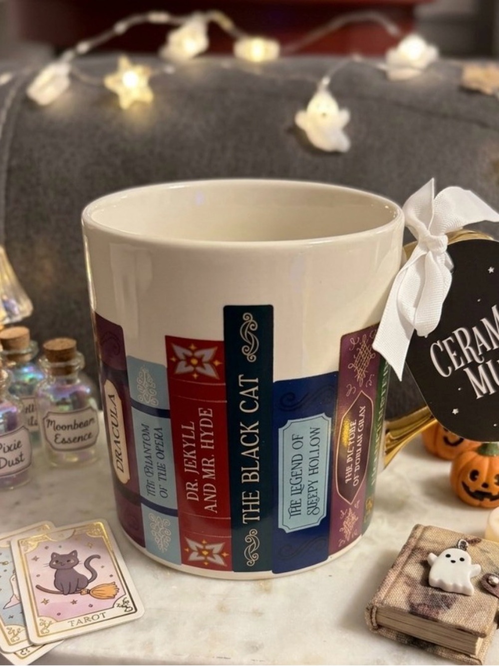 Unique Ceramic Book-Spine Coffee Mug in White with Multicolor Book Design